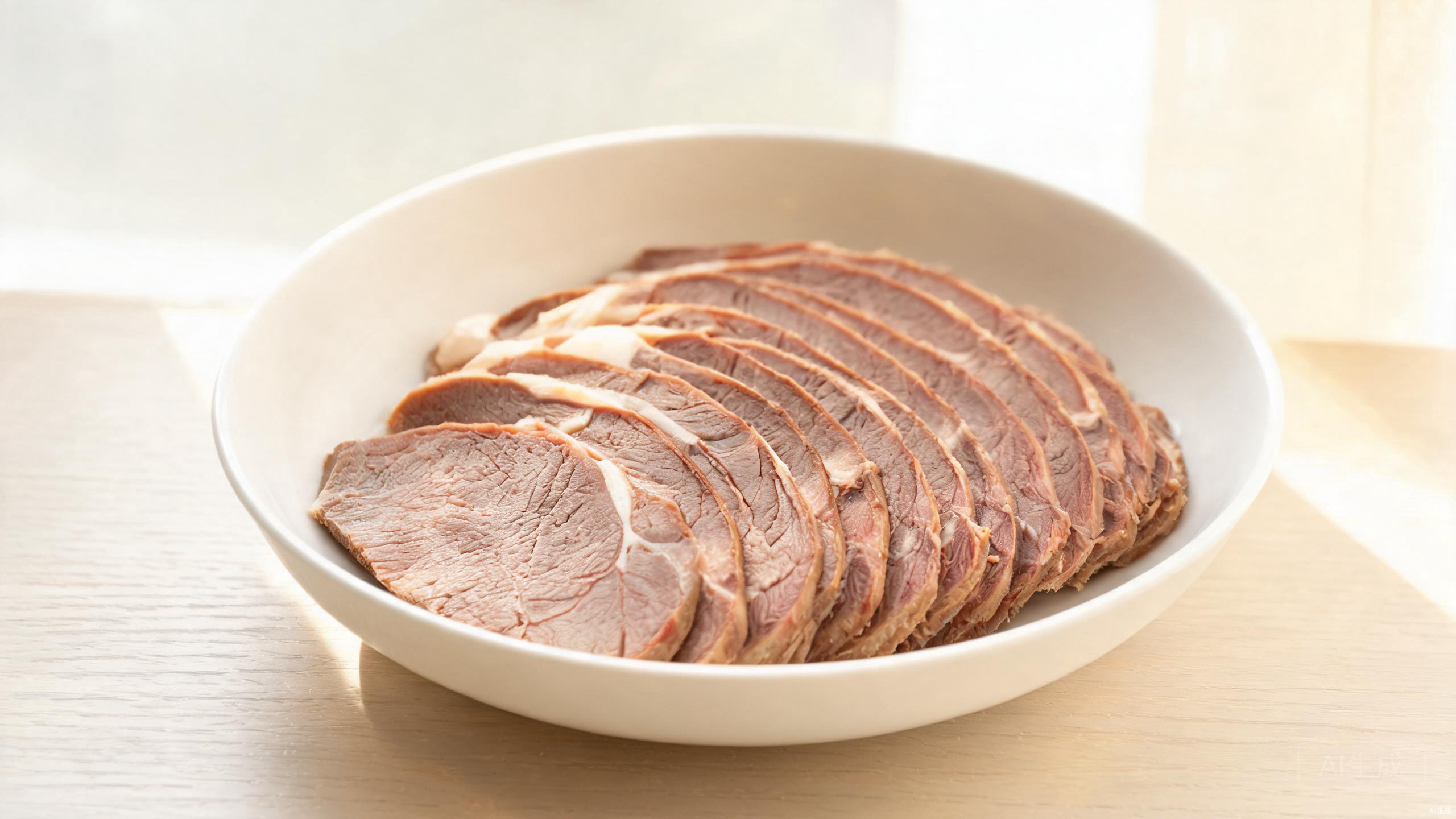 Thinly sliced braised beef arranged in a bowl