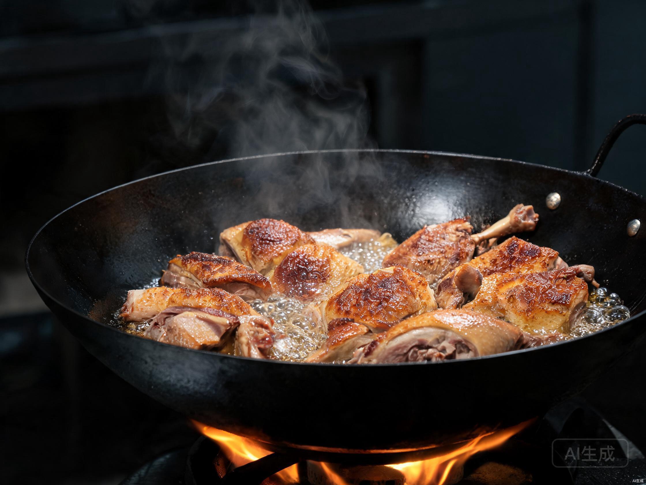 Sear duck in hot wok