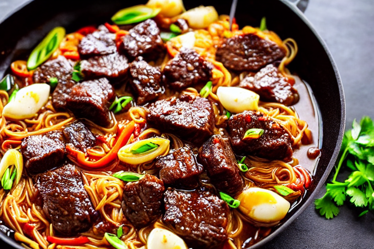 148 Braise the beef ma zi. Heat 1 tablespoon of oil in a heavy-bottomed pot or Dutch oven over mediu