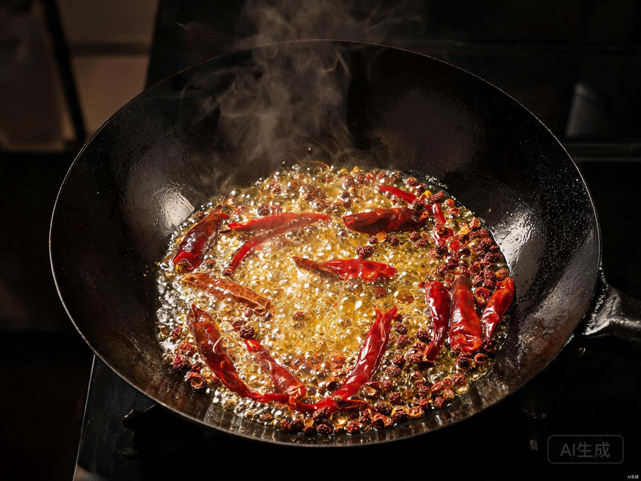 Fry chilies in hot wok oil