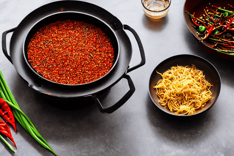 Fry the aromatics. Heat oil in a wok over medium heat. Add dried chilies and Sichuan peppercorns. St