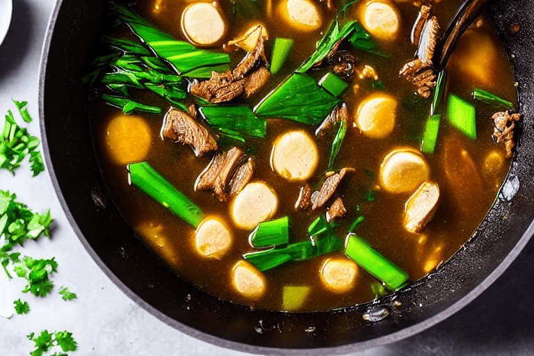 Build the broth. Heat a little oil in a pot. Add ginger slices and scallions, stir for 30 seconds. A