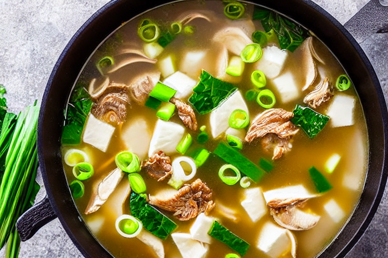 Build the broth. Heat a little oil in a pot. Add ginger slices and scallions, stir for 30 seconds. A