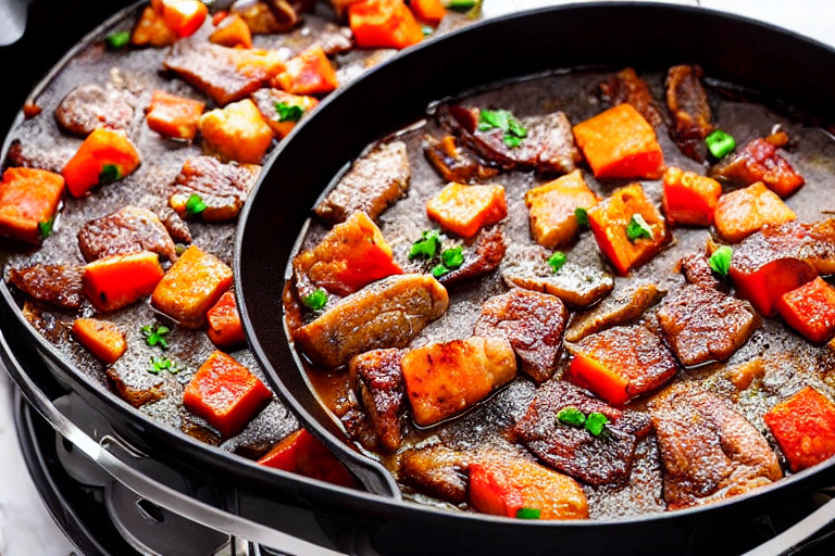 Sear and brown. Heat oil in a wok or heavy pot over medium-high heat. Add the main protein and sear