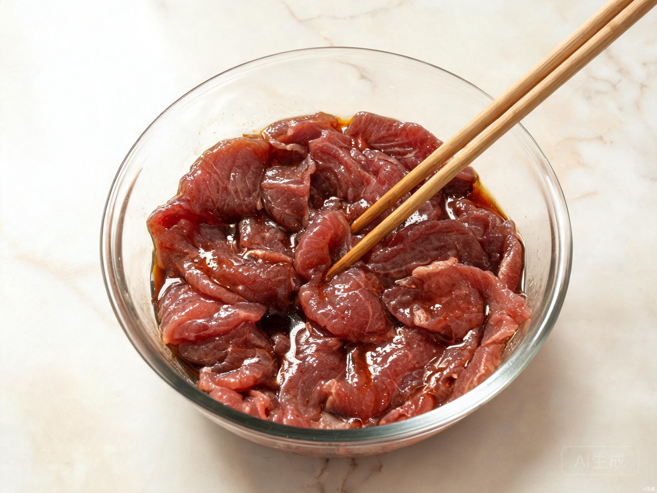 Thinly sliced beef marinating in a bowl with soy sauce and cornstarch