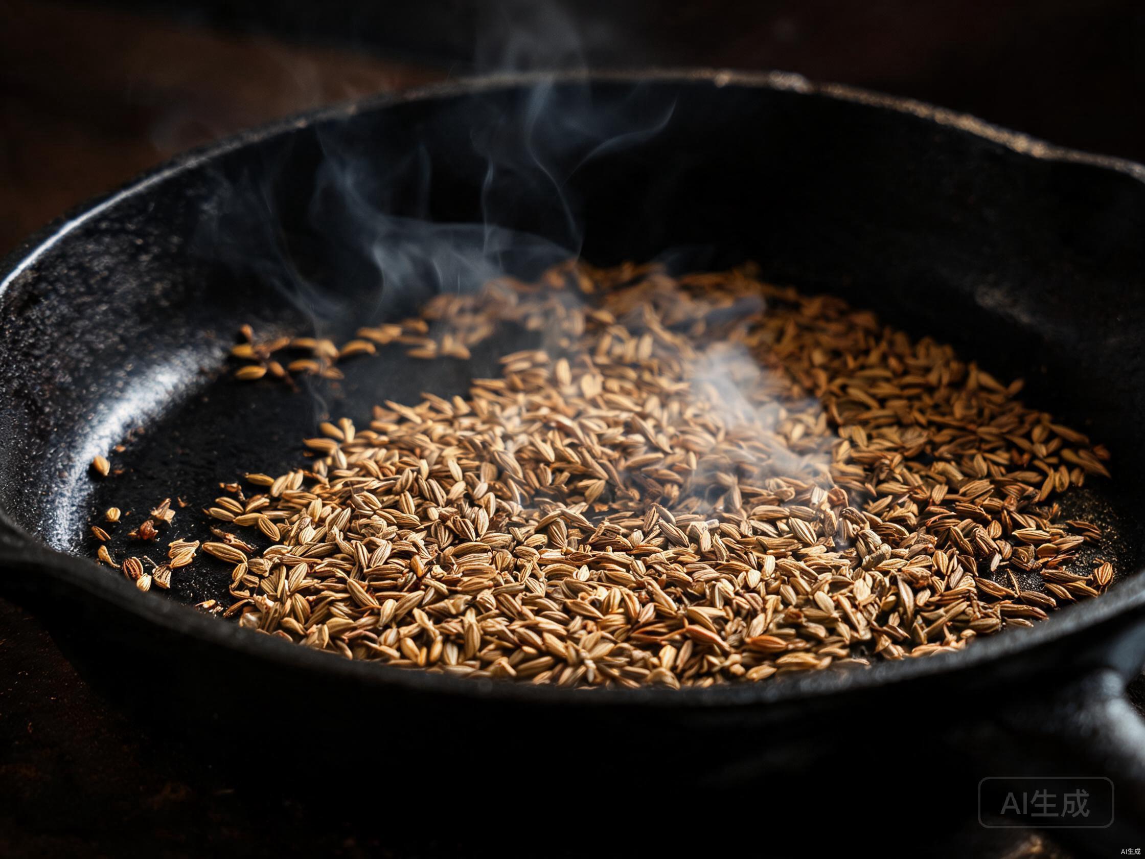 Cumin seeds toasting in a dry pan