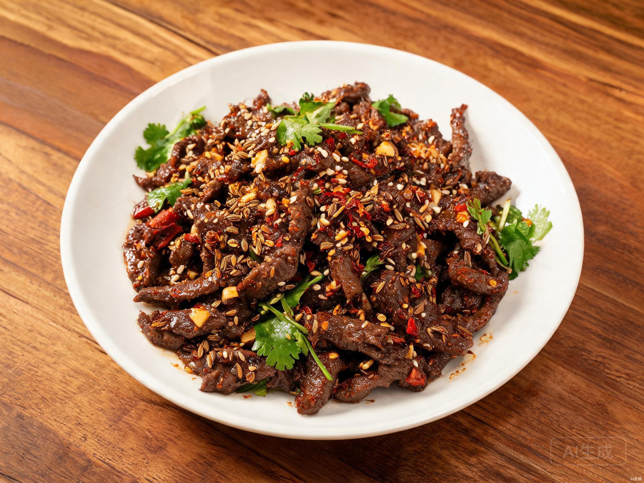 Finished cumin beef stir-fry on a plate with cilantro and sesame seeds