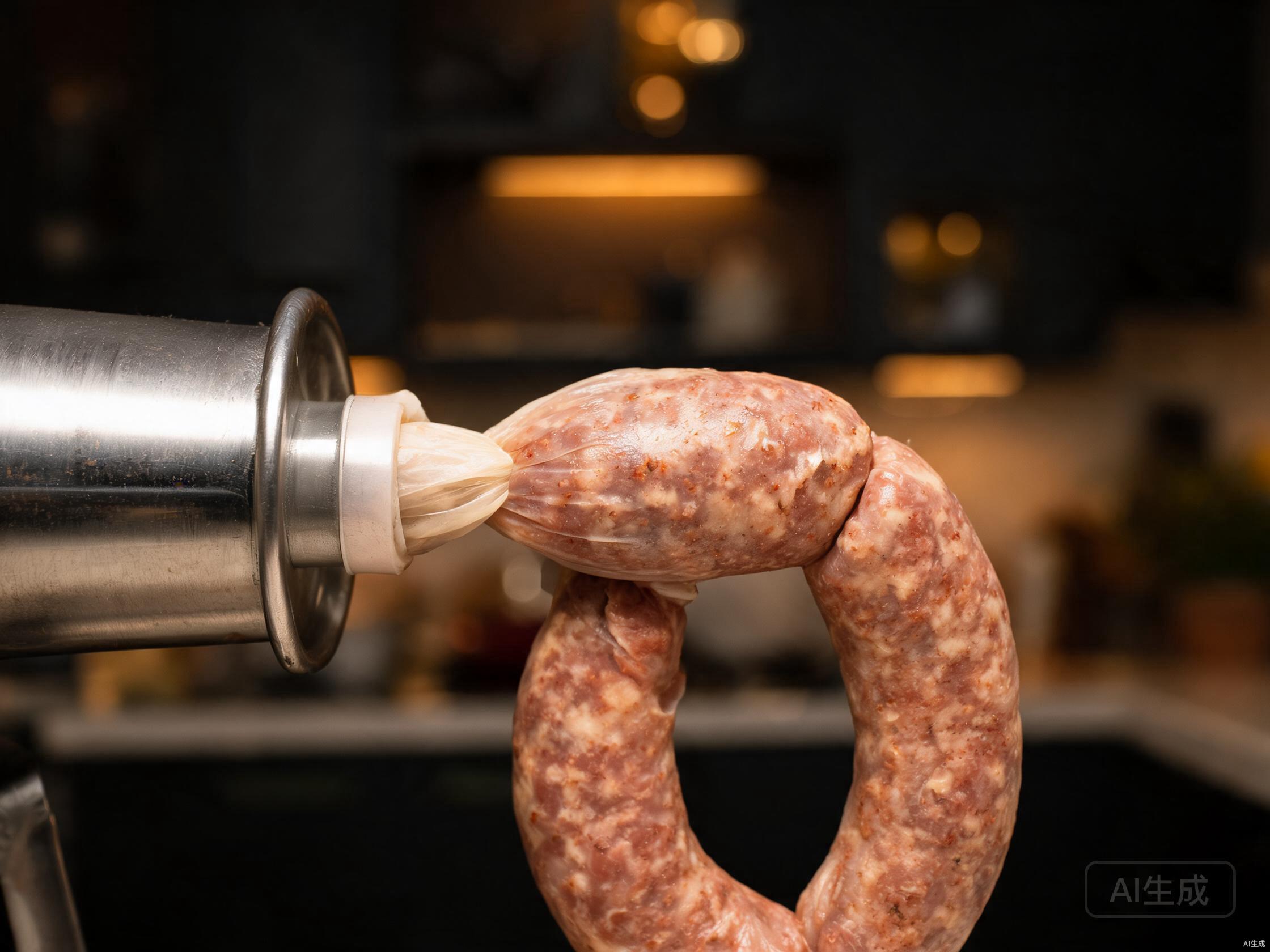 Stuffing seasoned meat into sausage casings