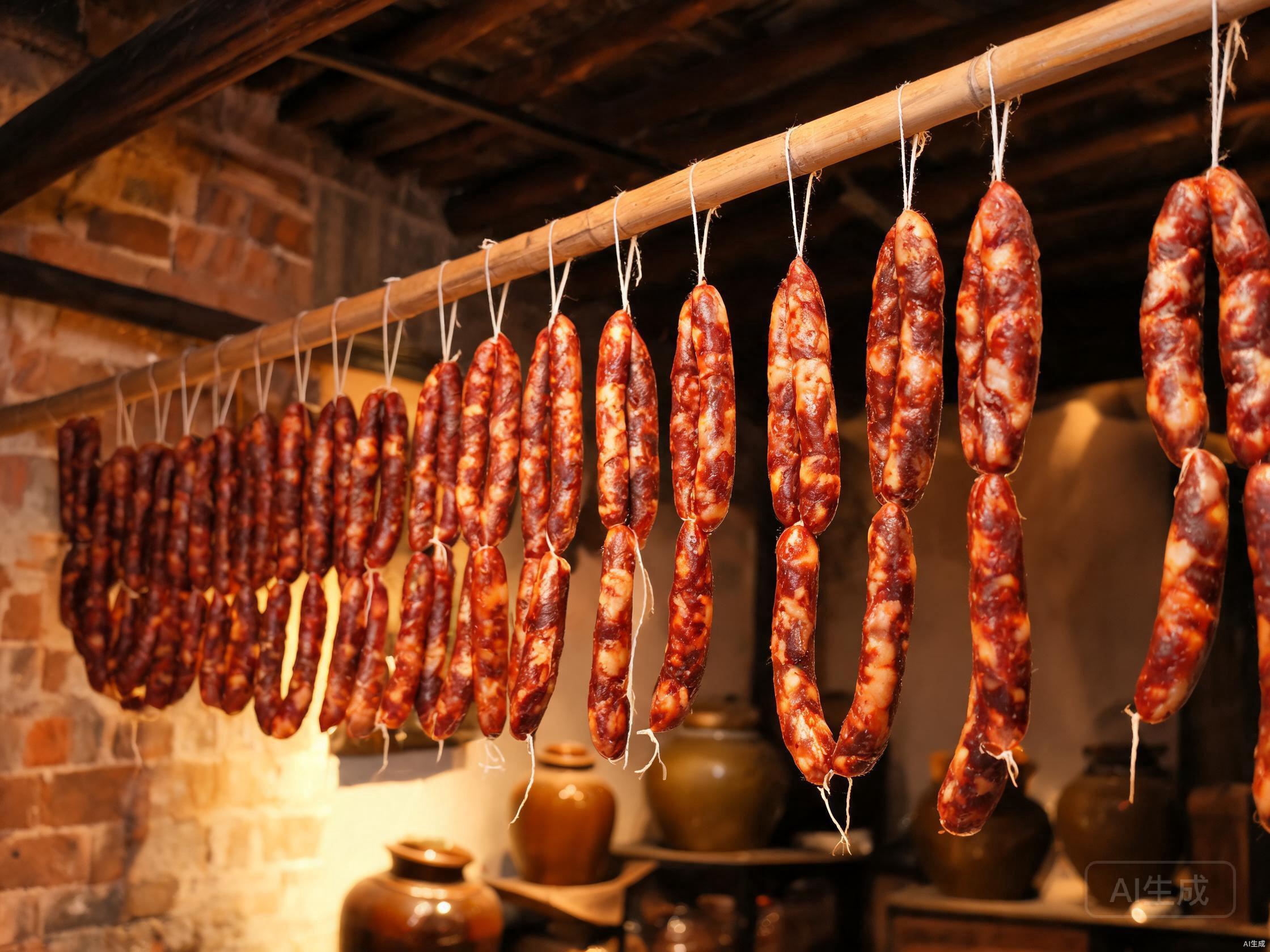 Cured sausages hanging to cure until firm and deep red