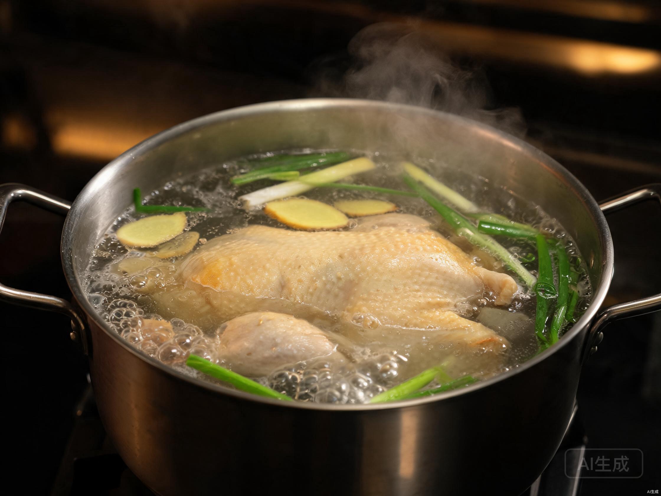 Whole chicken poaching in a pot with ginger and scallions
