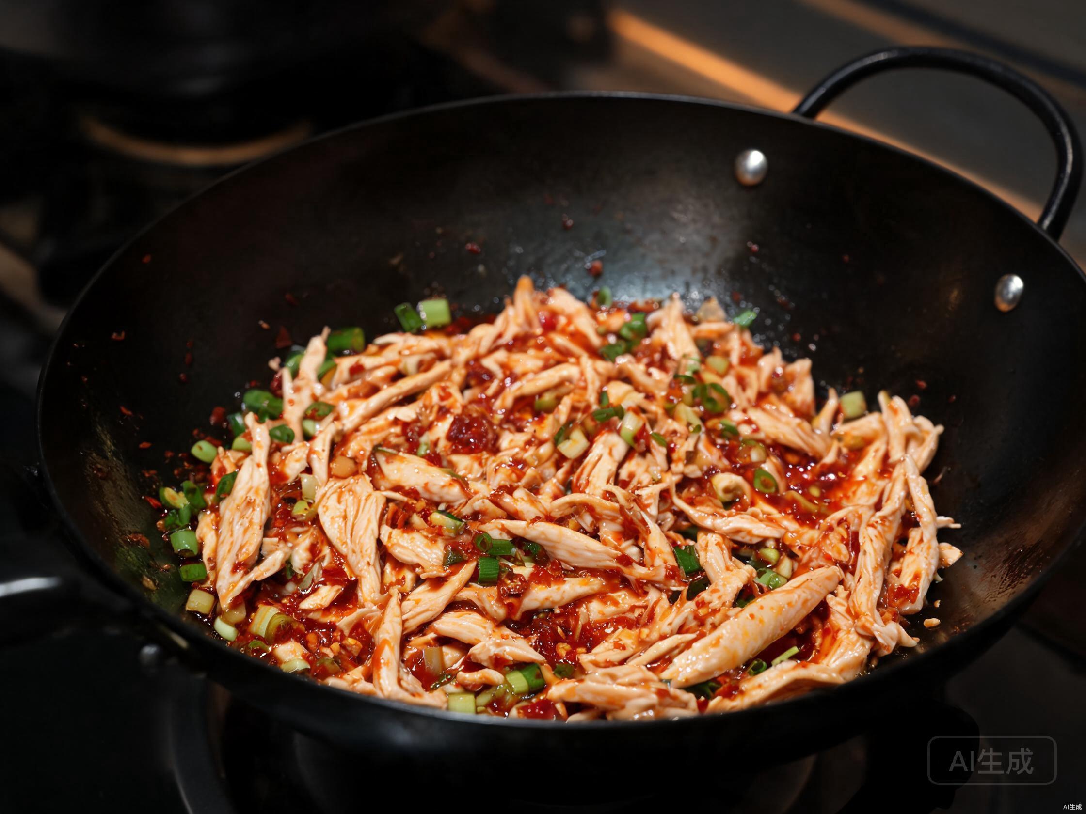 Hand-shredded chicken tossed in bright red chili-vinegar sauce
