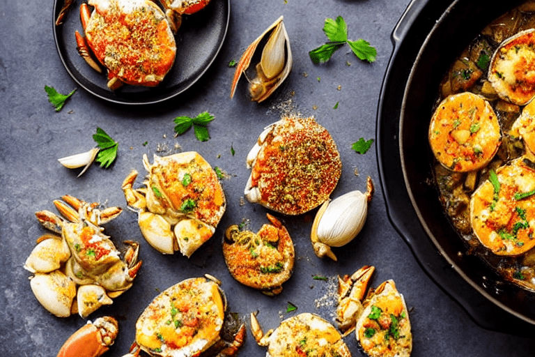 Bake the crabs. Add the crab pieces to the pot and toss to coat them in the garlic-butter mixture. P