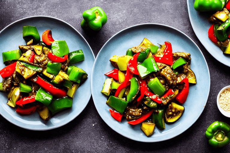 Add peppers and aromatics. If you fried the eggplant, push it to one side of the wok. Add the green