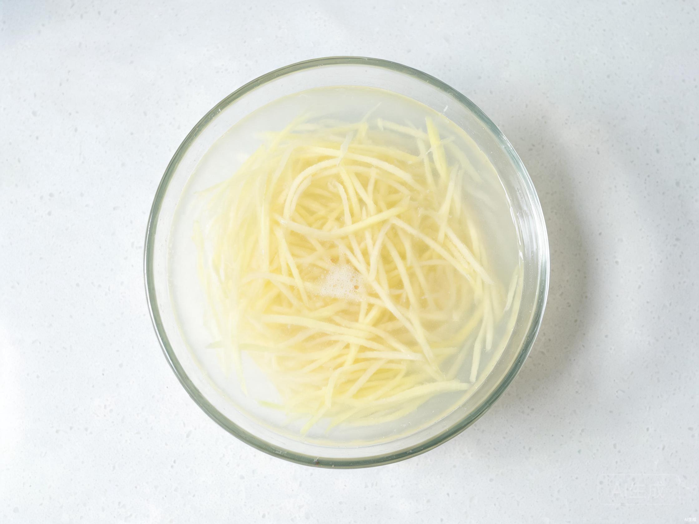 Shredded potatoes soaking in cold water in a glass bowl