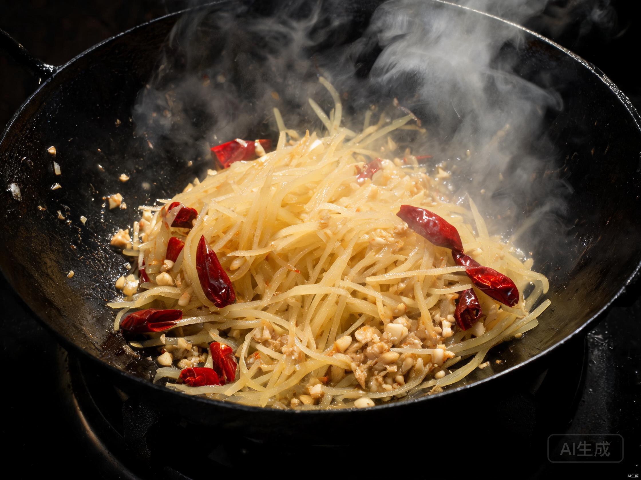 Shredded potatoes stir-frying in a wok with dried red chilies and garlic