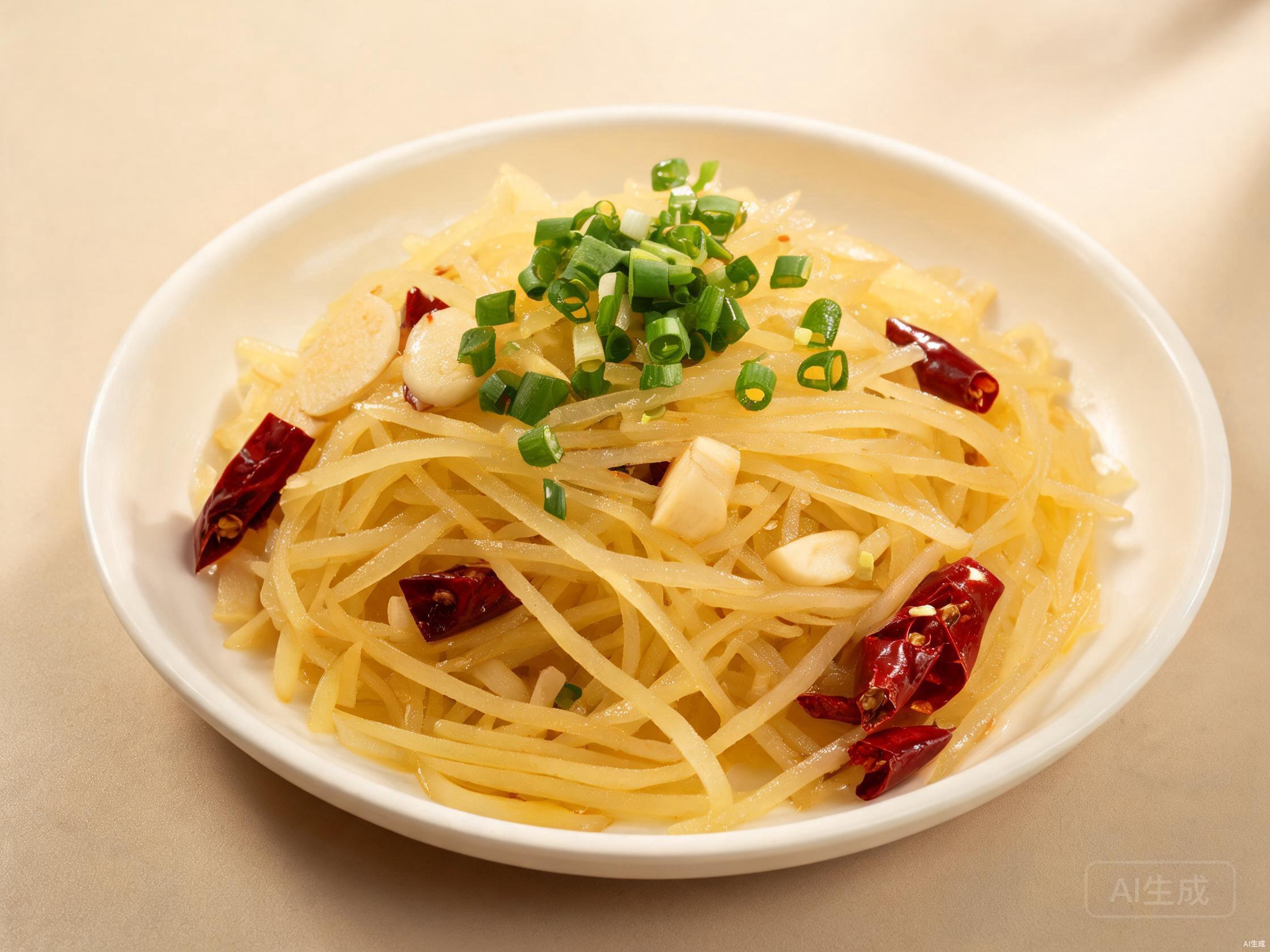 Finished plate of bright hot and sour shredded potato with dried chilies