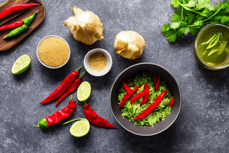 Prepare aromatics. Slice the ginger, garlic, and chilies. If using dried chilies, soak them in warm