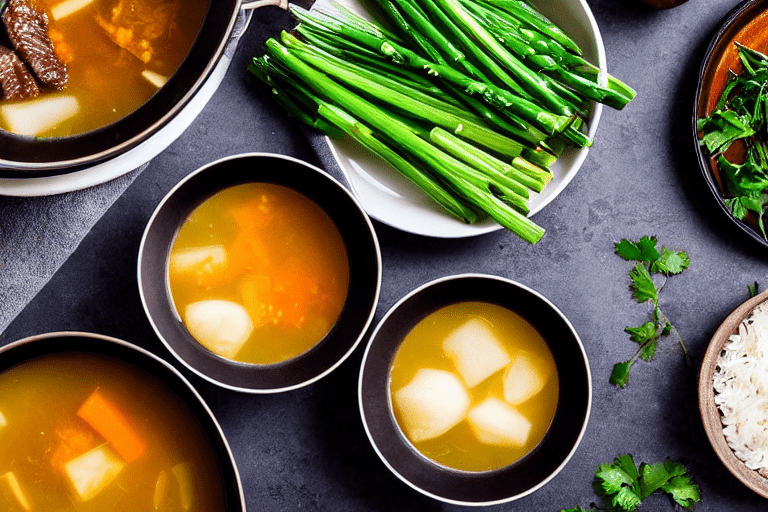 Build the broth. Heat a little oil in a pot. Add ginger slices and scallions, stir for 30 seconds. A