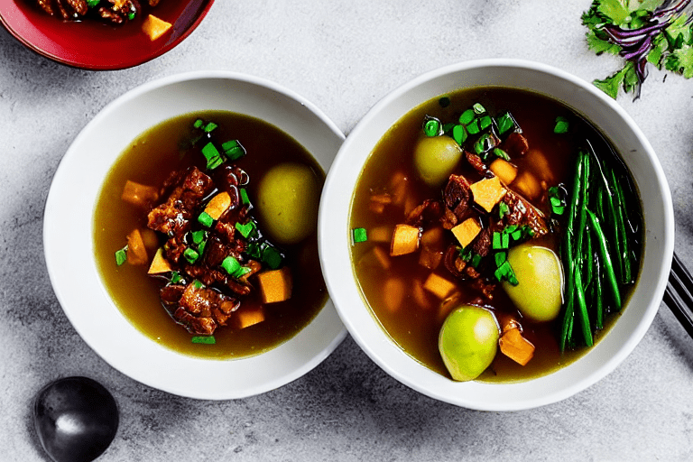Build the broth. Heat a little oil in a pot. Add ginger slices and scallions, stir for 30 seconds. A