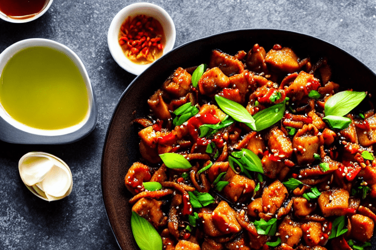 Aromatics and spices. Heat oil in a wok over medium heat. Add ginger slices, garlic, dried chilies,