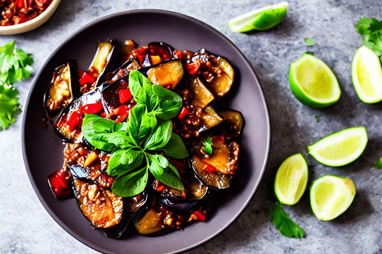 121 Steam the eggplant. Cut the eggplants into long strips about 5 cm wide, or thick slices. Place t