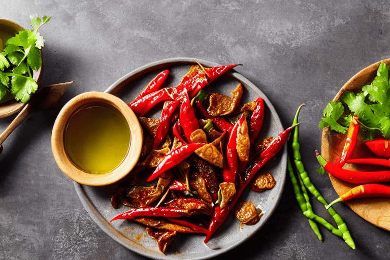 Prepare aromatics. Slice the ginger, garlic, and chilies. If using dried chilies, soak them in warm