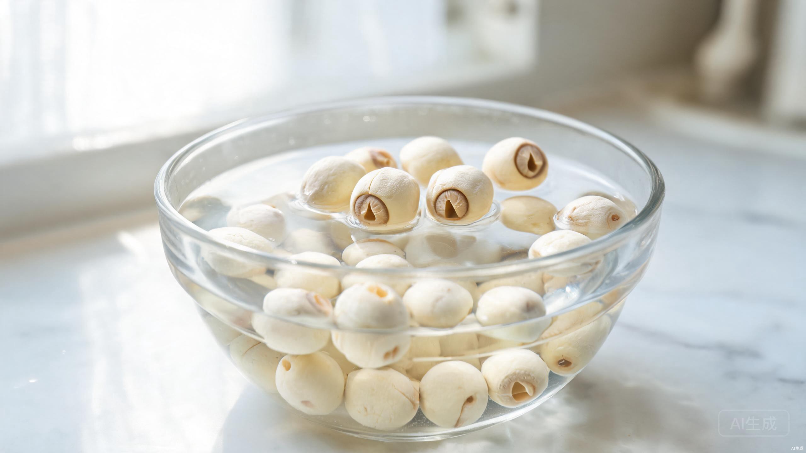 Plump soaked white lotus seeds in a bowl of water
