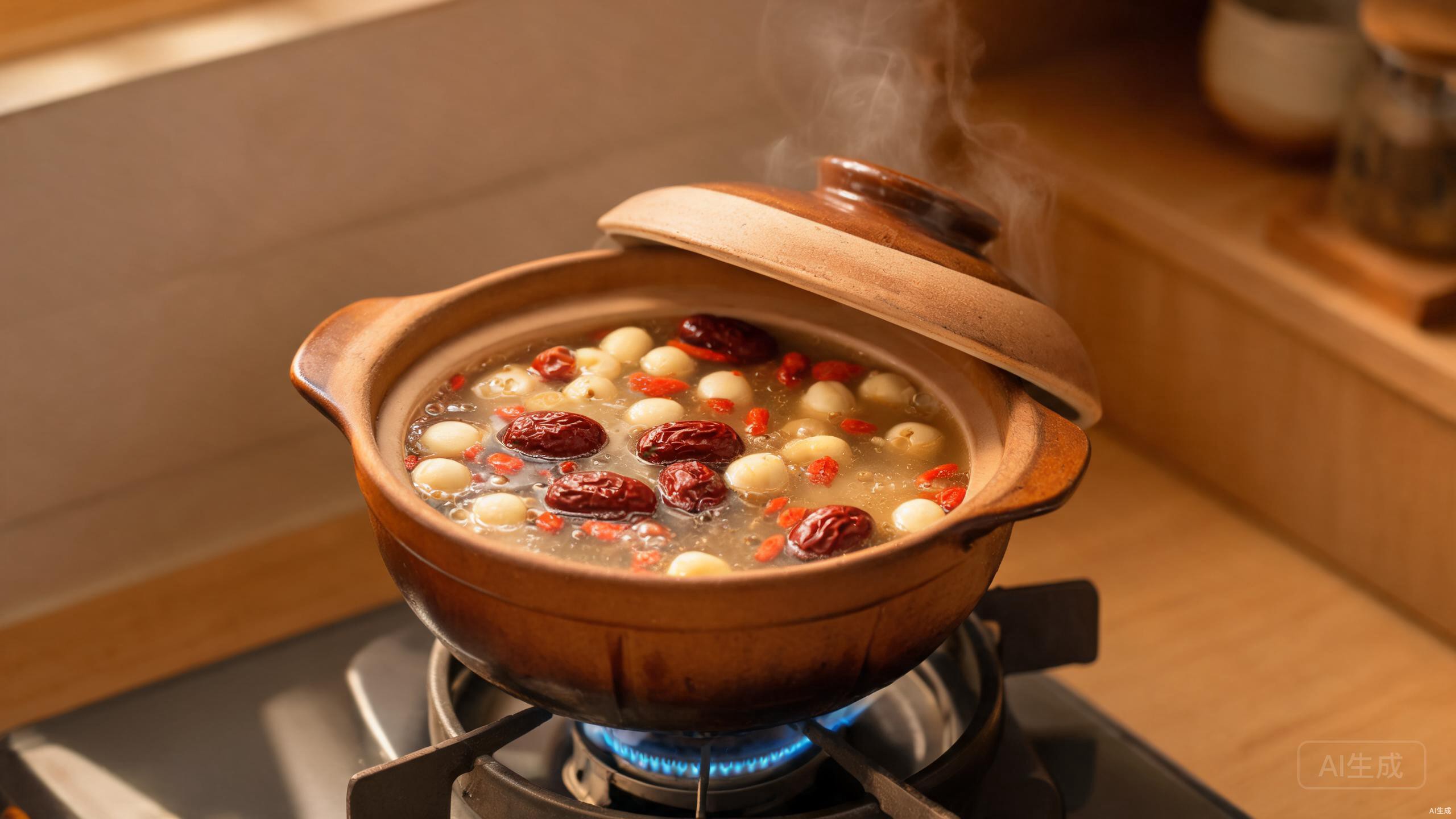 Lotus seed soup simmering in a clay pot with red dates