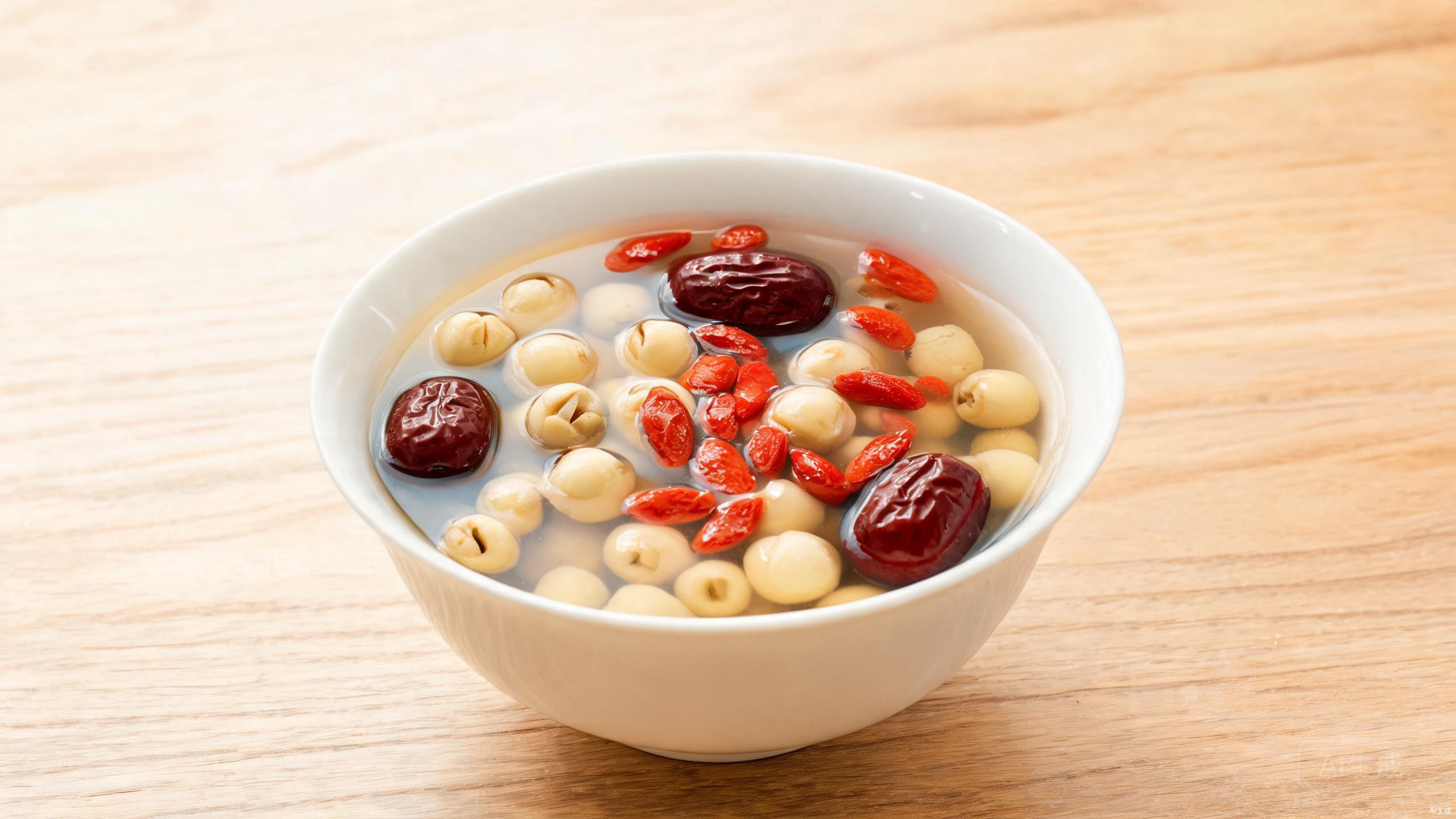 Lotus seed soup in a white bowl with red dates and goji berries