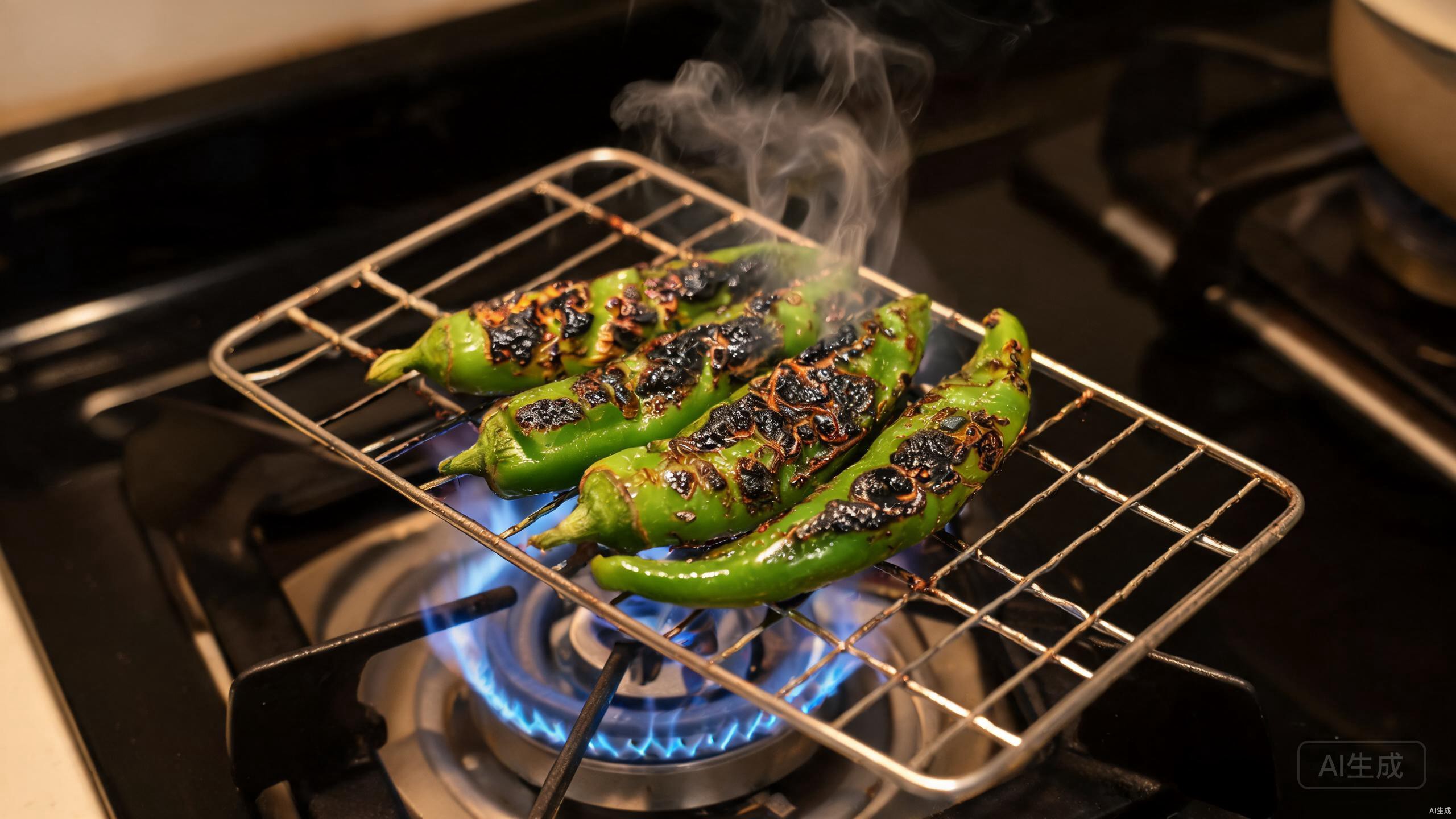 Green chilies charring over a gas flame