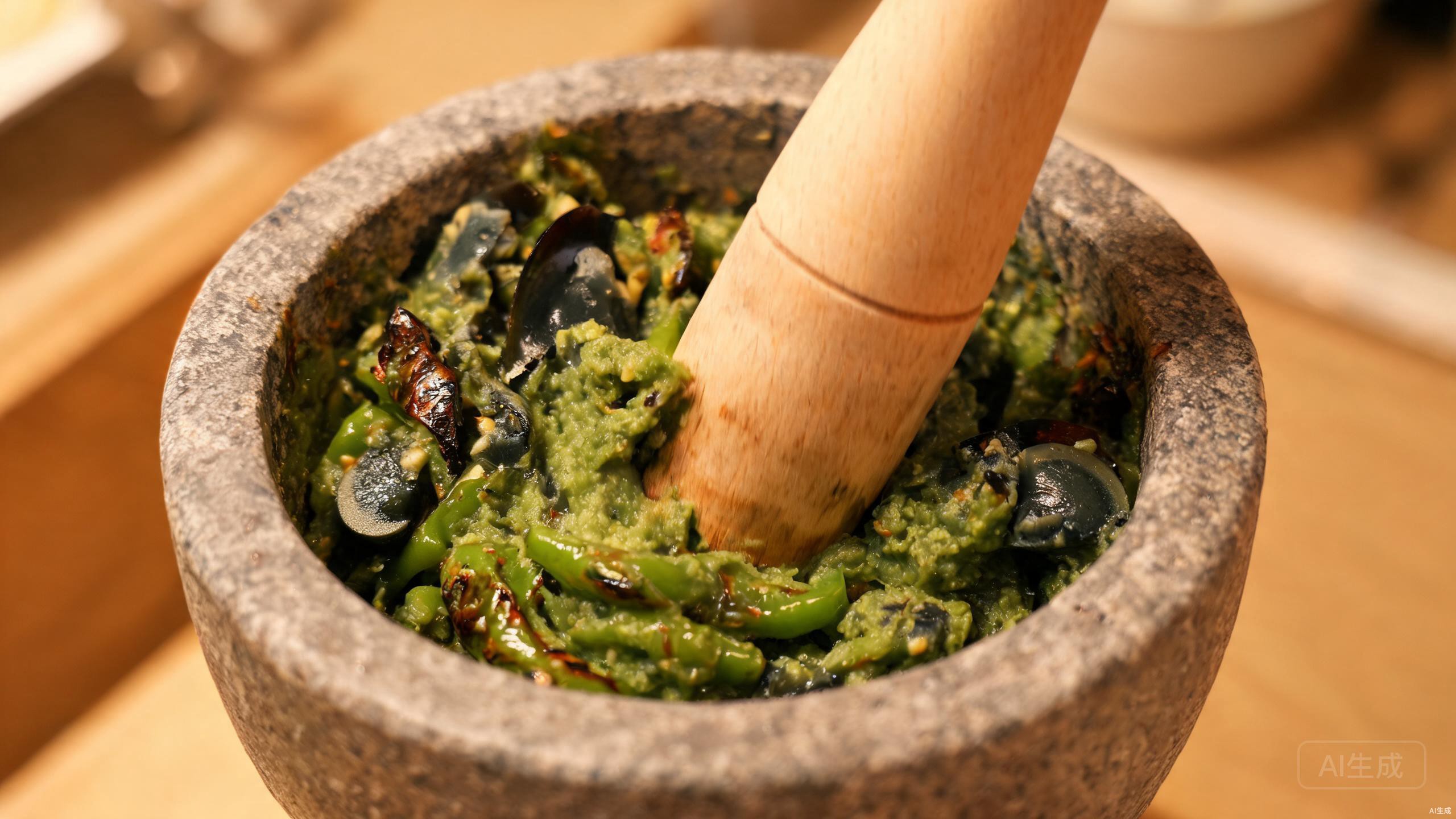 Mashing chilies and century egg in a clay mortar
