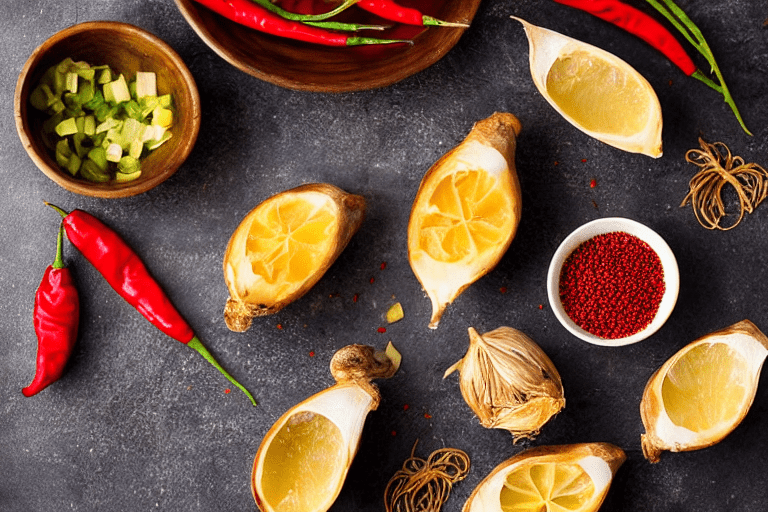 129 Prepare aromatics. Slice the ginger, garlic, and chilies. If using dried chilies, soak them in w