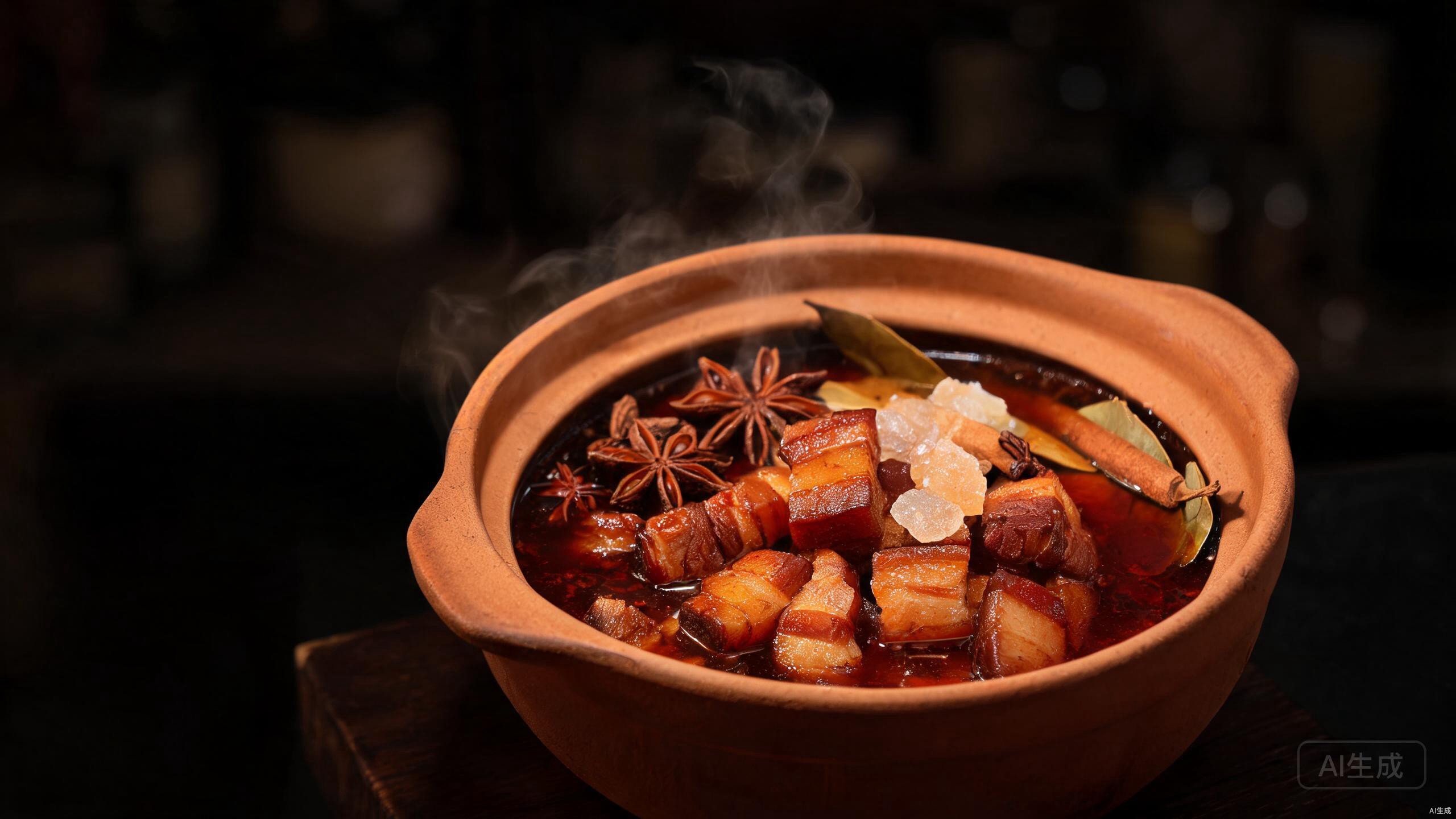 Pork belly searing with rock sugar and aromatics in a pot