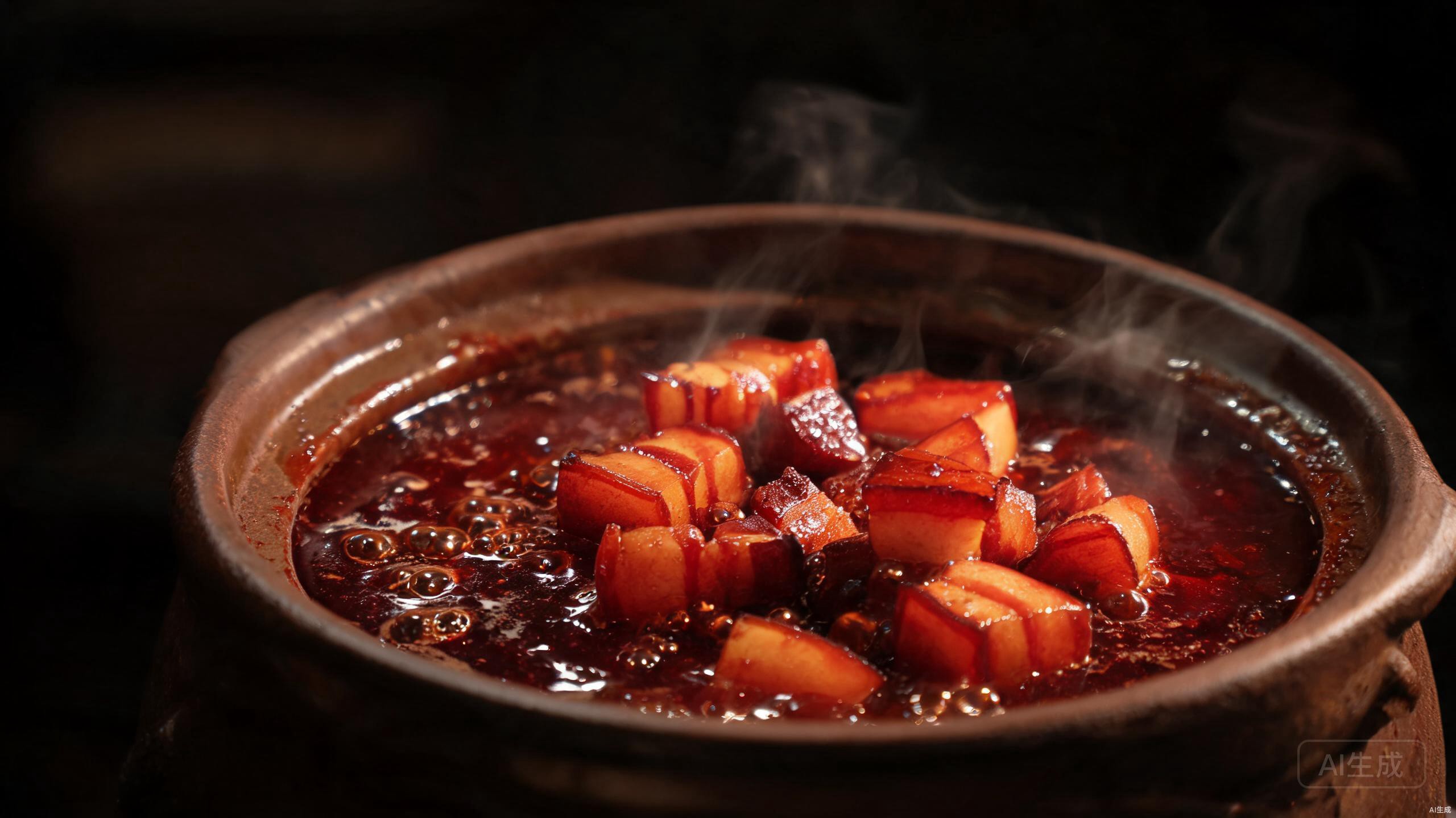 Pork belly slow braising in deep red sauce