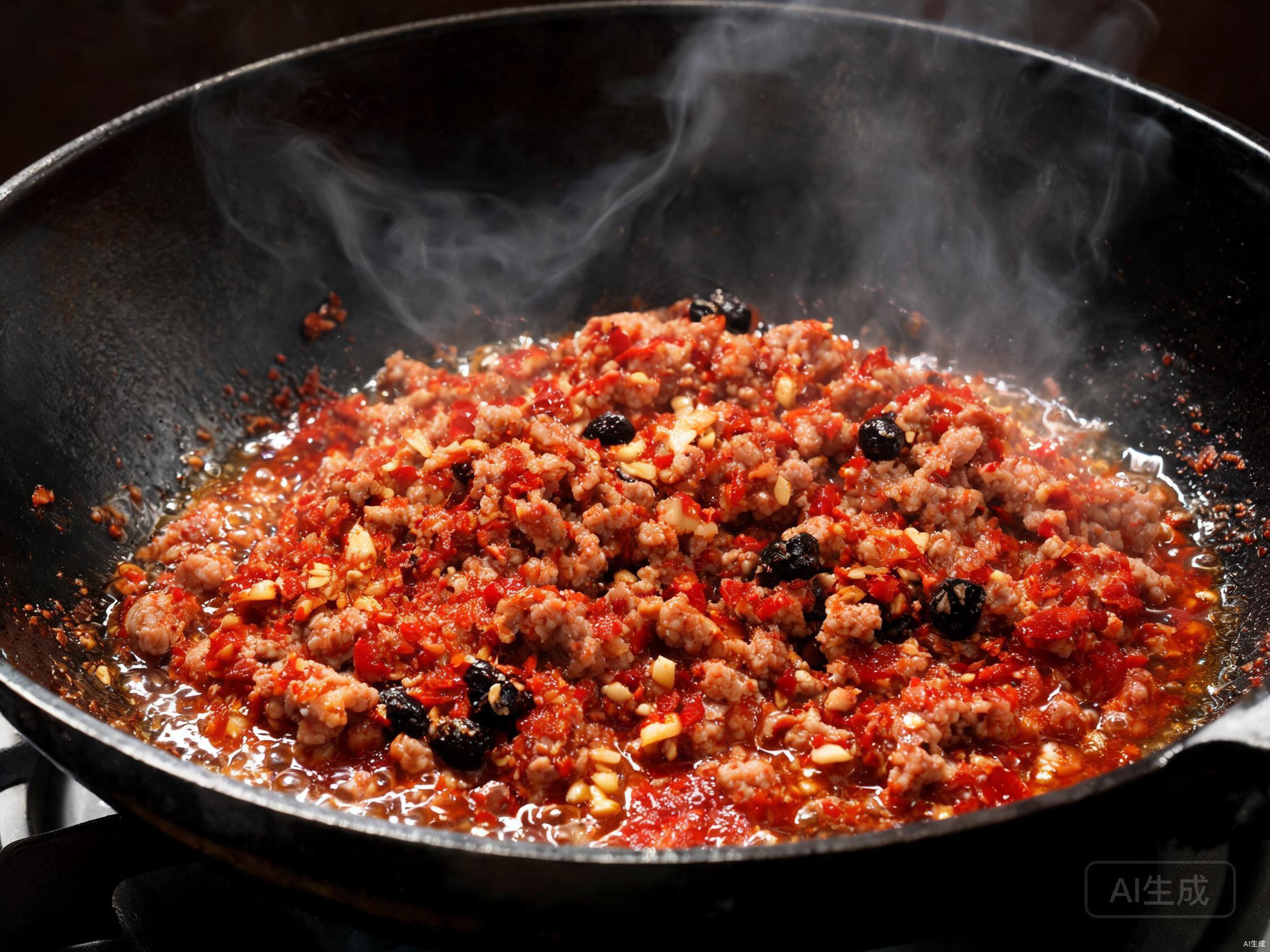 Chili-pork topping (mazi) cooking in a wok