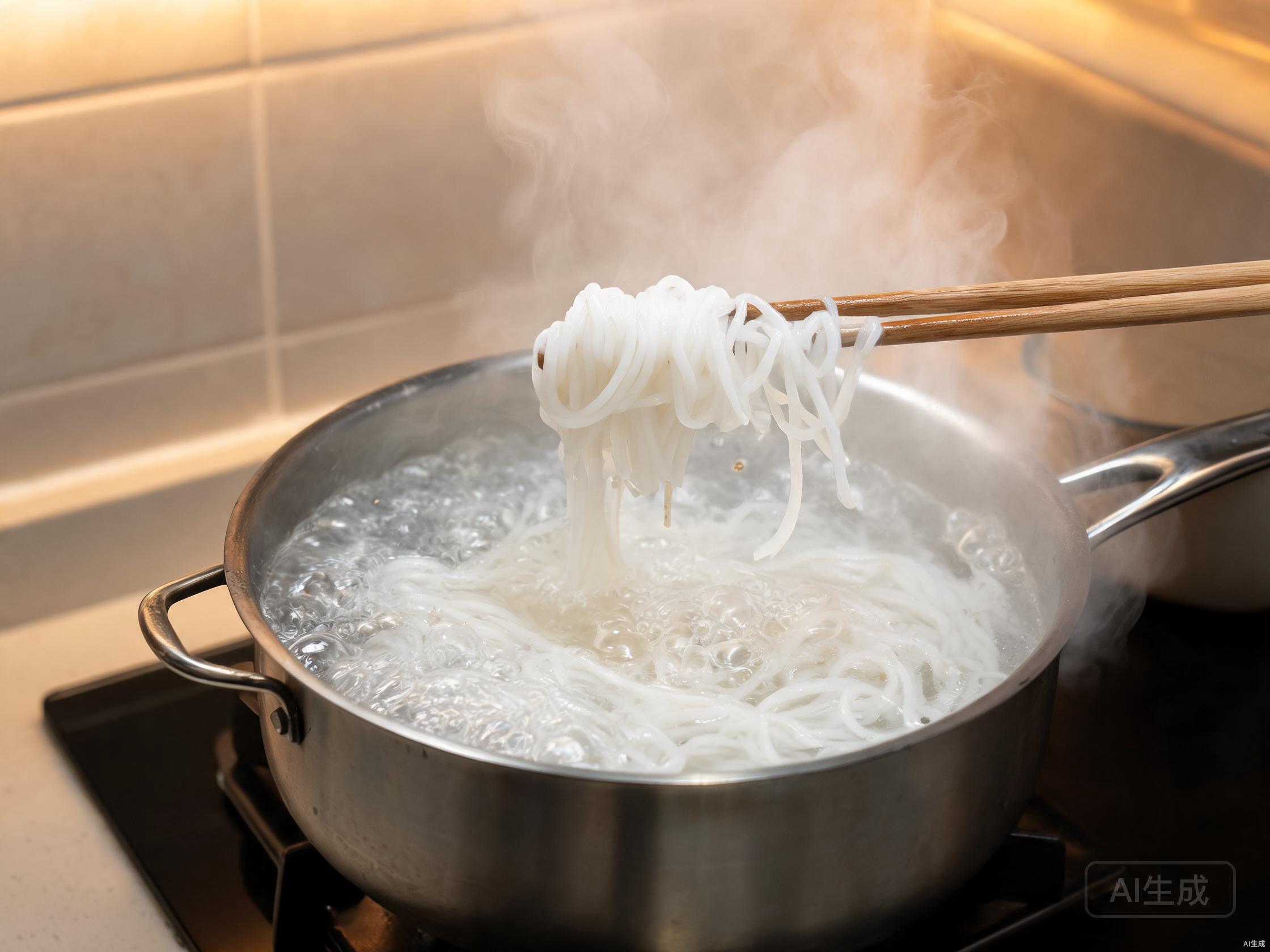 Fresh rice noodles being blanched in boiling water