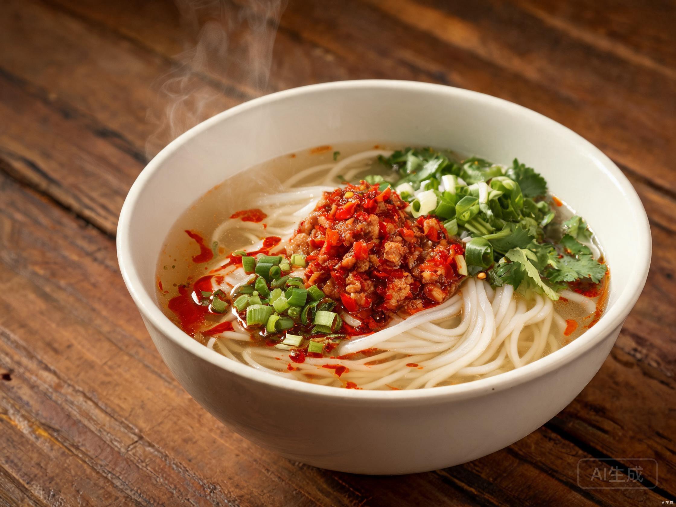 Hunan rice noodle bowl assembled with broth and chili-pork topping