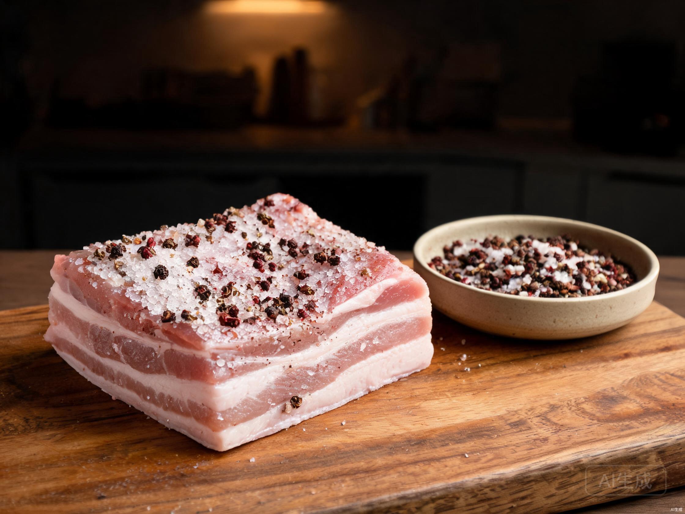 Pork belly rubbed with salt and spices for curing