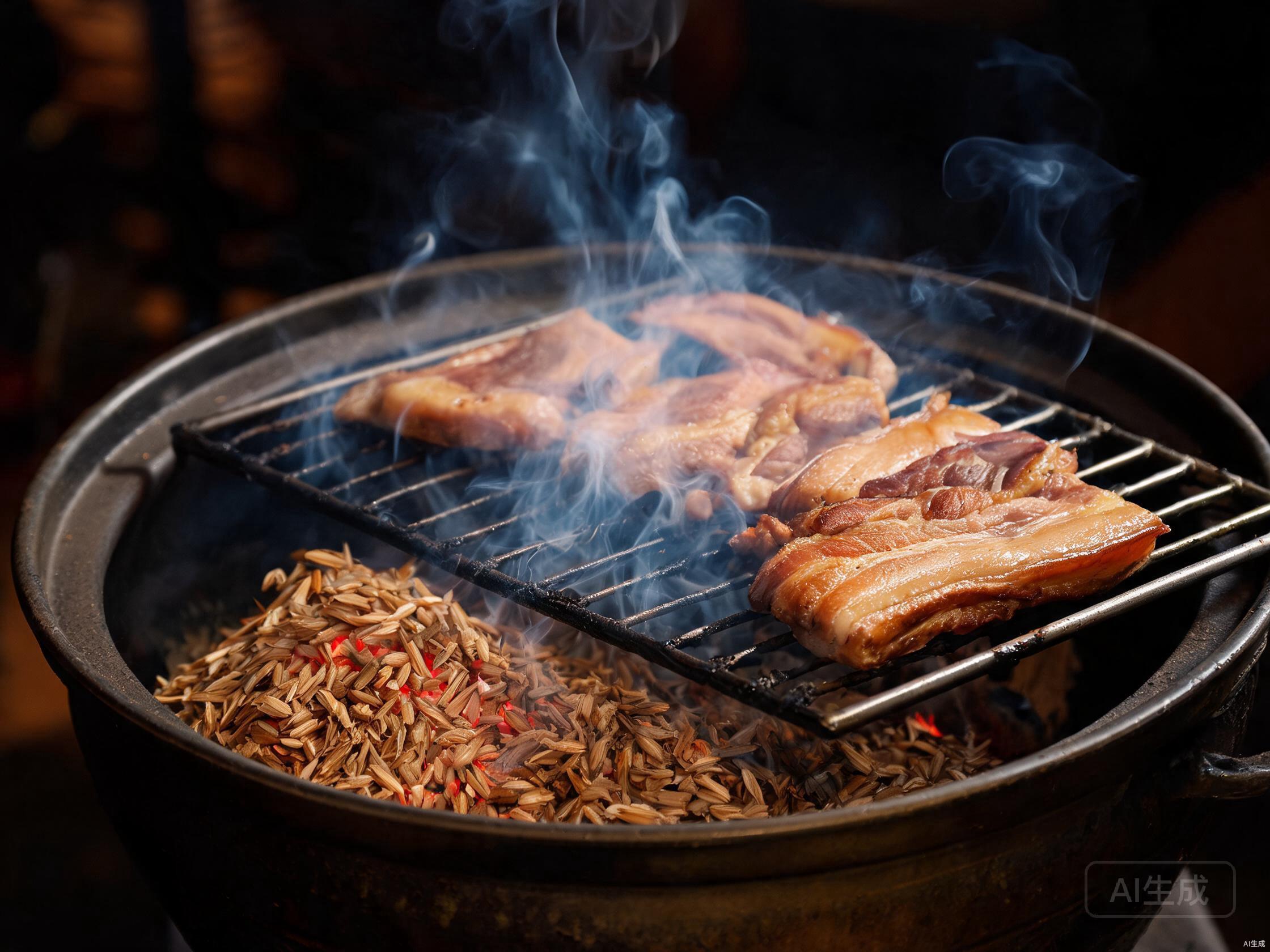 Smoking pork belly with rice husks for deep flavor and color