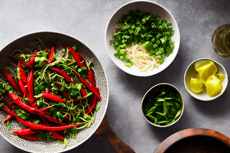 Prepare aromatics. Slice the ginger, garlic, and chilies. If using dried chilies, soak them in warm