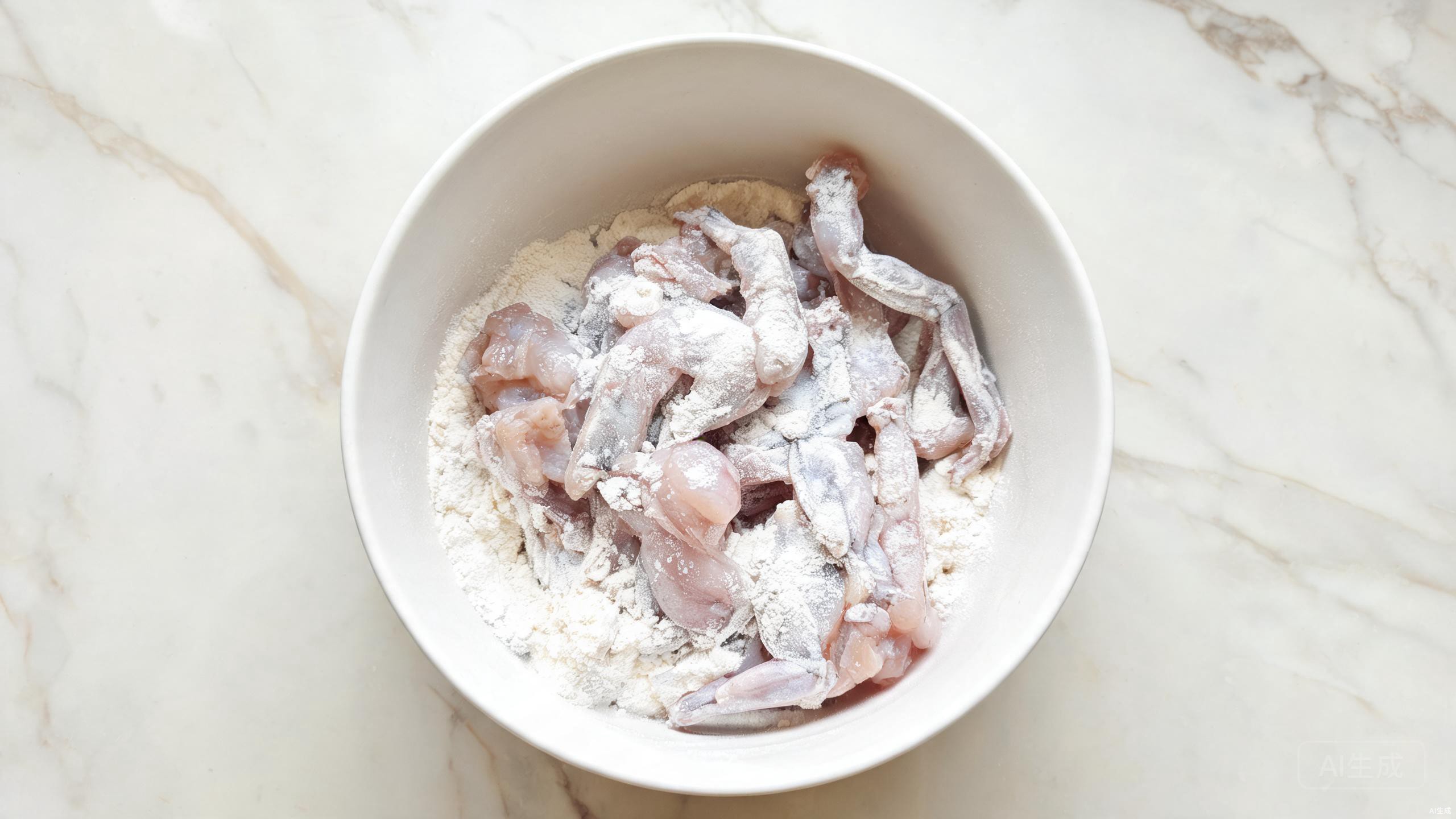 Frog legs coated in potato starch arranged on a plate