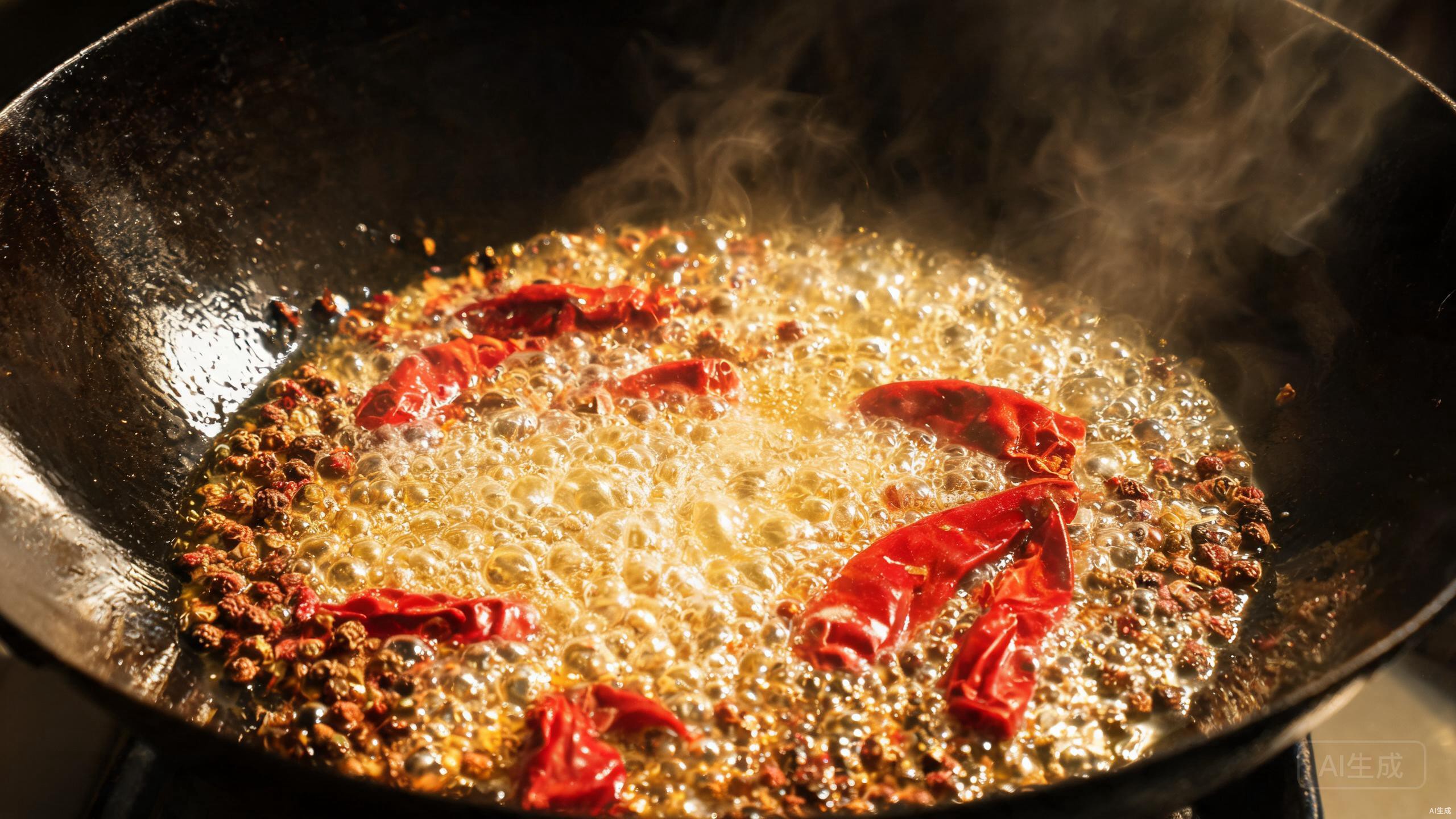 Dried red chilies and Sichuan peppercorns in a hot wok with oil