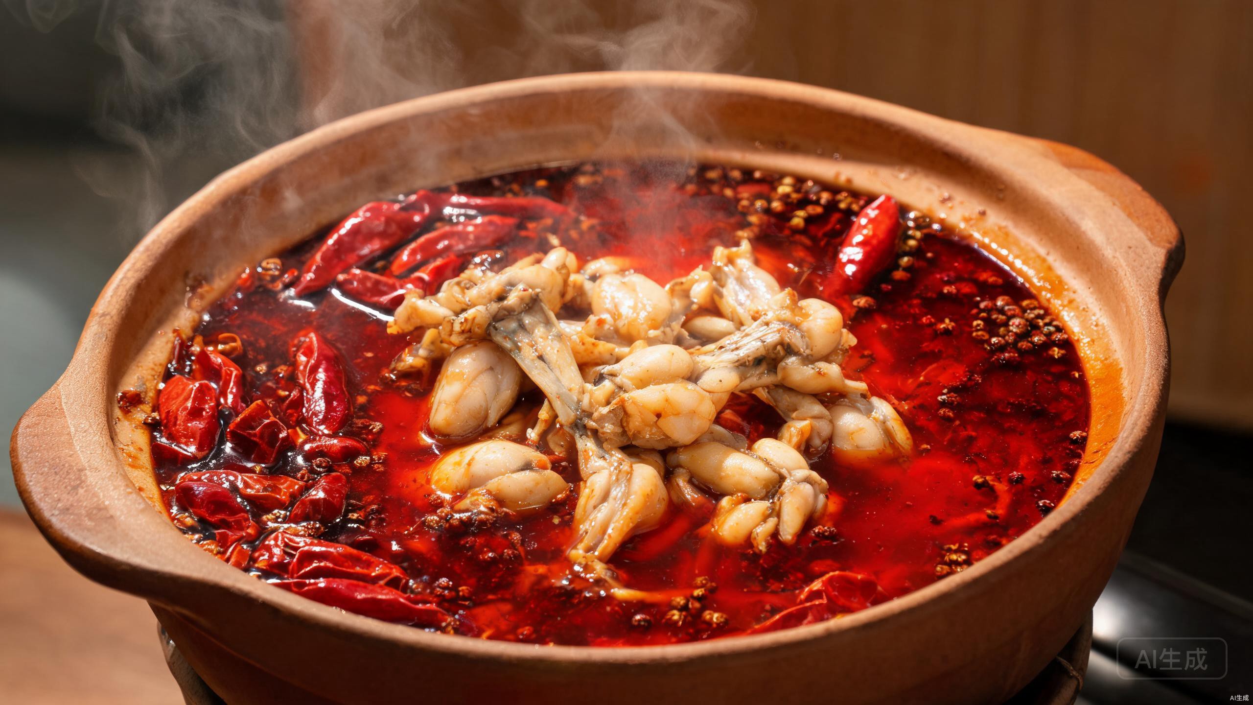 Finished spicy bullfrog in a bowl with lots of red chilies and scallions