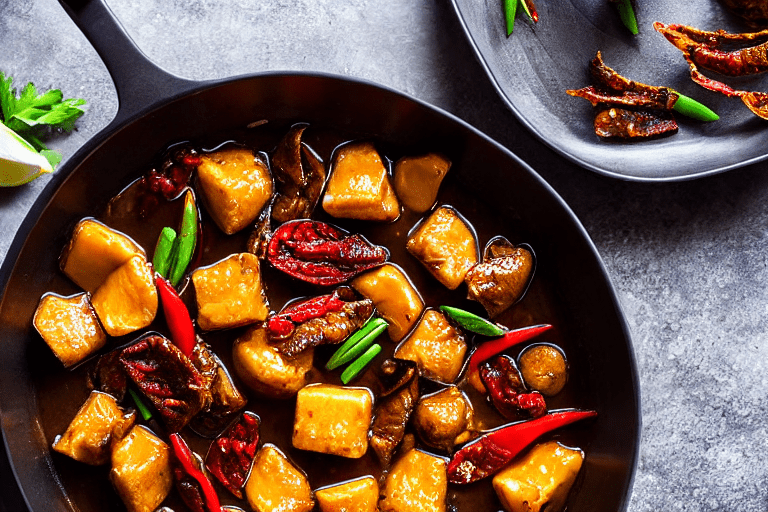 Aromatics and spices. Heat oil in a wok over medium heat. Add ginger slices, garlic, dried chilies,