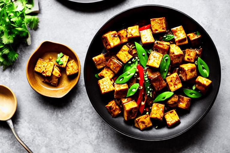 Pan-fry the tofu until golden. Heat 2 tablespoons of oil in a wok or large skillet over medium heat.