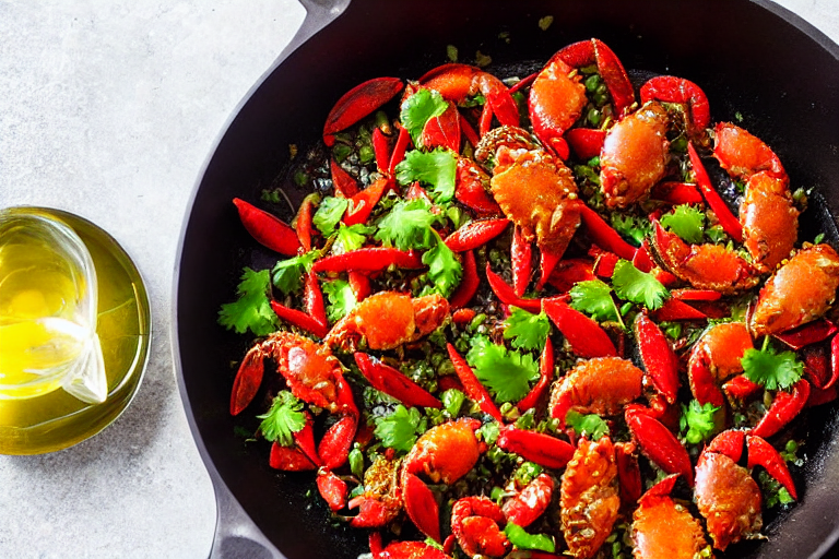 124 Fry the crab pieces. Heat 4 tablespoons of oil in a wok over medium-high heat. Carefully add the