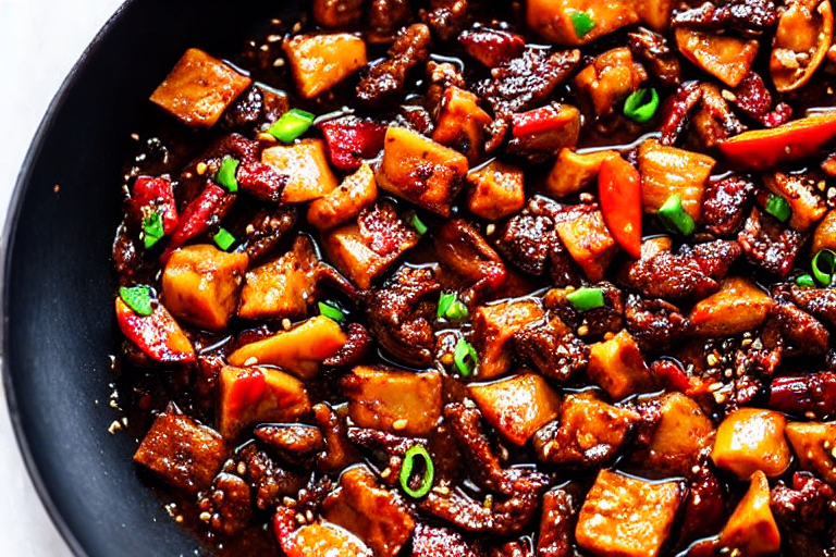 Fry the aromatics. Heat oil in a wok over medium heat. Add dried chilies and Sichuan peppercorns. St