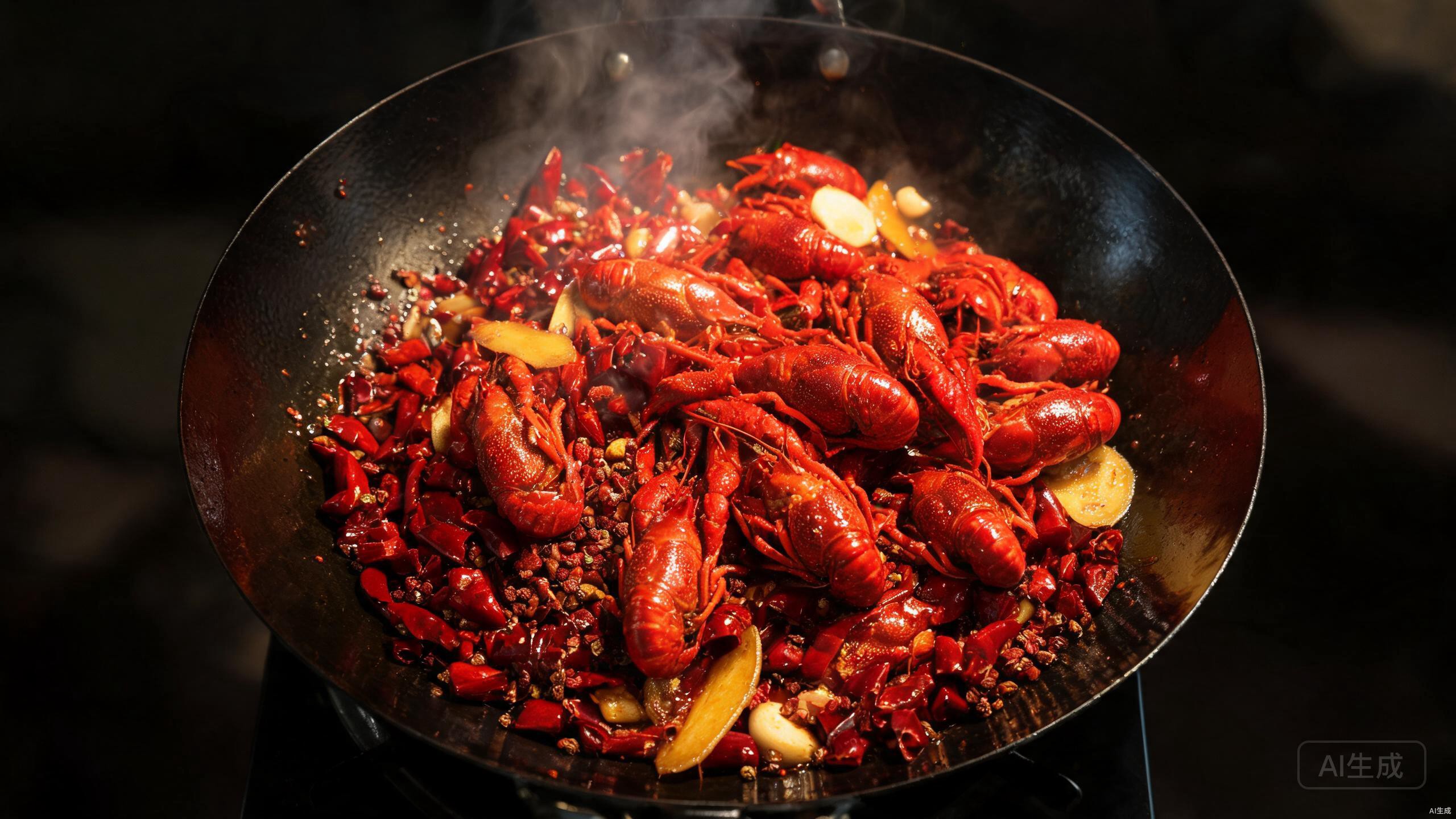 Dried chilies and Sichuan peppercorns stir-frying in a wok