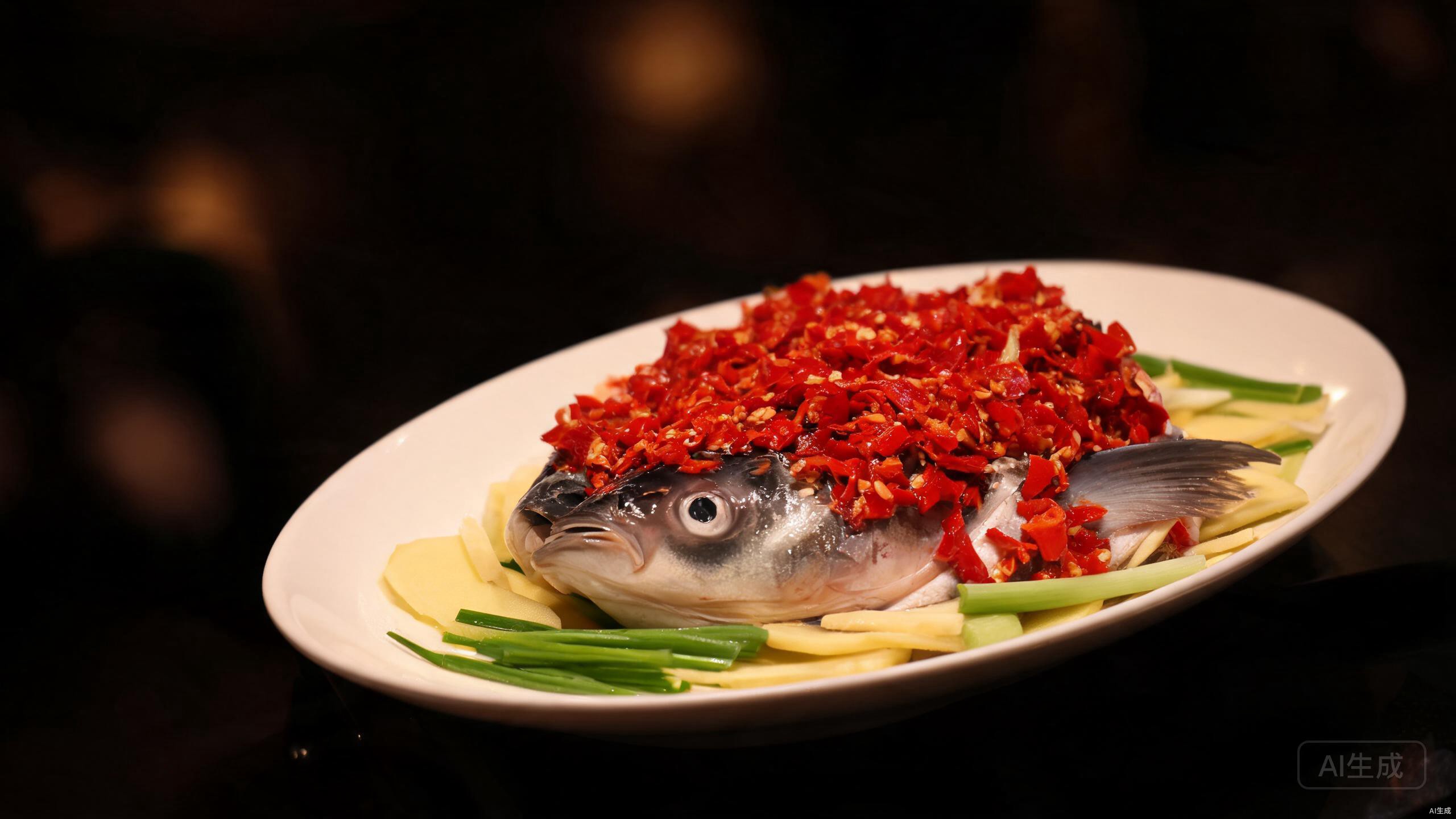 Fish head covered with fermented chopped chilies on a plate