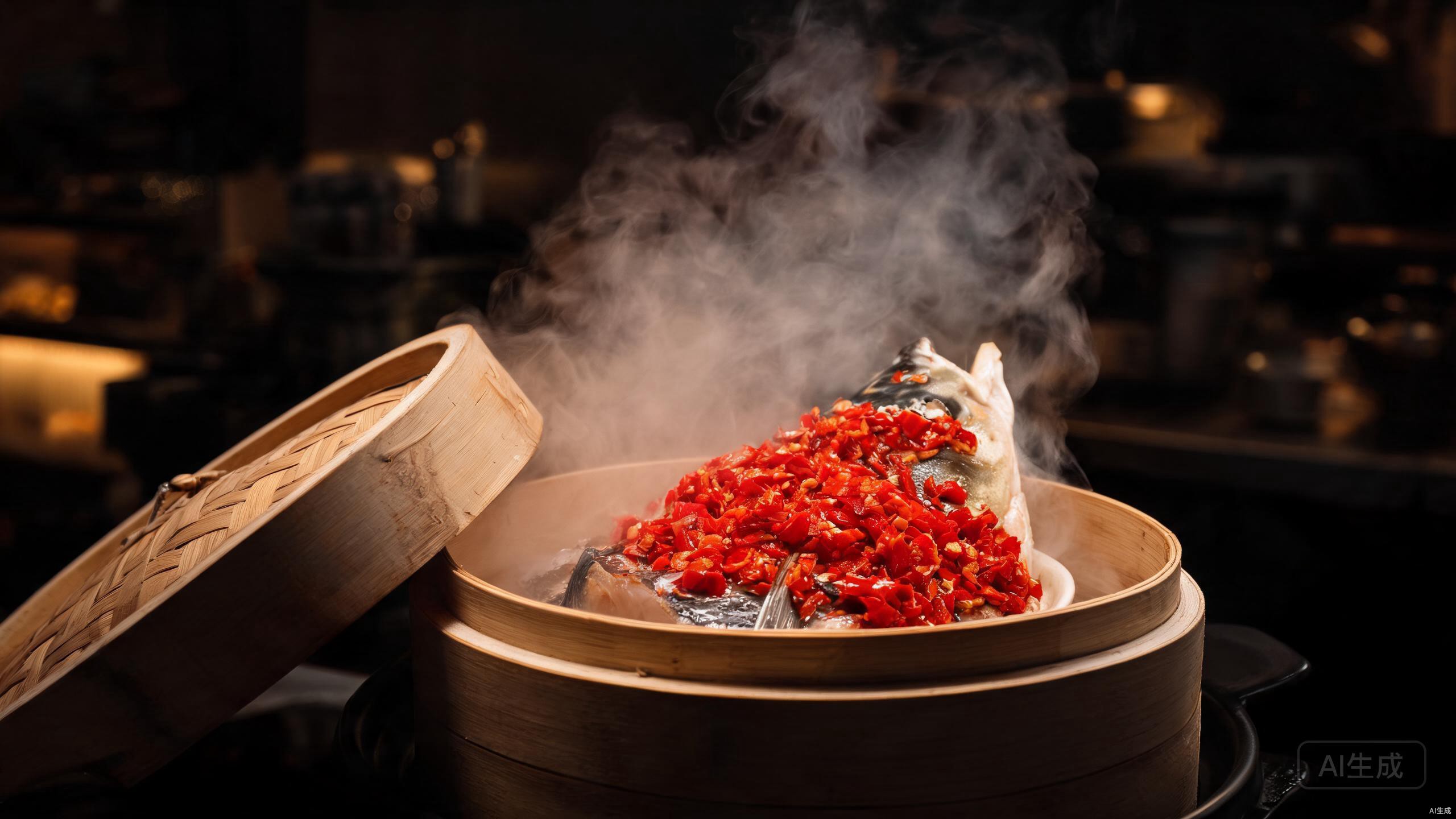Fish head steaming in a wok with duo jiao topping